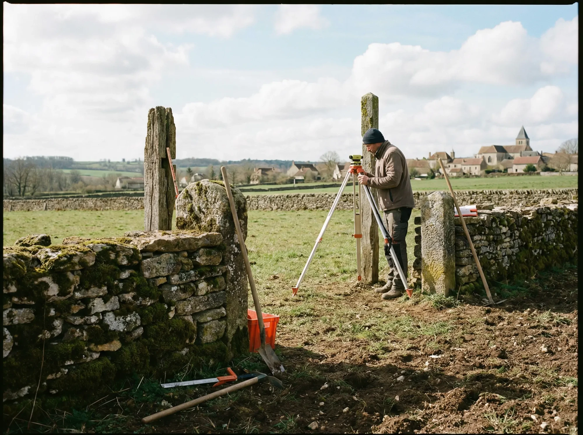 Firefly_Gemini Flash_Génère moi une photo d'un bornage de terrain. Photo réaliste, mais esthétique 526980